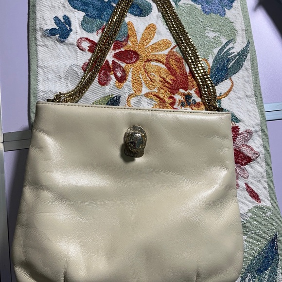 Vintage Ruth Saltz Cream Leather Gold Cougar Head Chain Strap Purse - Picture 10 of 16